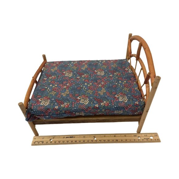 Handmade Miniature Bed With Blue Floral Mattress & Wooden Frame 10.5" x 6.5" x 9 - Picture 3 of 6